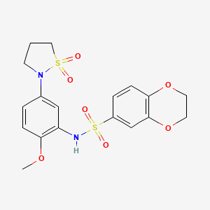 molecular formula C18H20N2O7S2 B2394656 N-(5-(1,1-dioxidoisothiazolidin-2-yl)-2-methoxyphenyl)-2,3-dihydrobenzo[b][1,4]dioxine-6-sulfonamide CAS No. 946343-18-6
