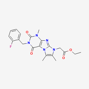 molecular formula C21H22FN5O4 B2394687 ethyl 2-(3-(2-fluorobenzyl)-1,6,7-trimethyl-2,4-dioxo-3,4-dihydro-1H-imidazo[2,1-f]purin-8(2H)-yl)acetate CAS No. 919031-23-5
