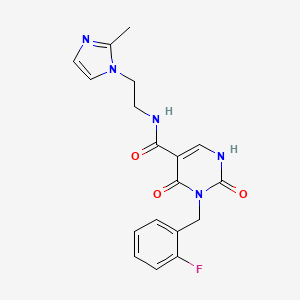molecular formula C18H18FN5O3 B2394709 3-(2-fluorobenzyl)-N-(2-(2-methyl-1H-imidazol-1-yl)ethyl)-2,4-dioxo-1,2,3,4-tetrahydropyrimidine-5-carboxamide CAS No. 2326692-89-9