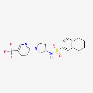 molecular formula C20H22F3N3O2S B2394815 N-(1-(5-(trifluoromethyl)pyridin-2-yl)pyrrolidin-3-yl)-5,6,7,8-tetrahydronaphthalene-2-sulfonamide CAS No. 1795298-90-6
