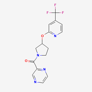 molecular formula C15H13F3N4O2 B2394891 Pyrazin-2-yl(3-((4-(trifluoromethyl)pyridin-2-yl)oxy)pyrrolidin-1-yl)methanone CAS No. 2034391-61-0