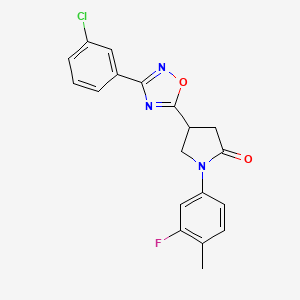 molecular formula C19H15ClFN3O2 B2395135 4-[3-(3-Chlorophenyl)-1,2,4-oxadiazol-5-yl]-1-(3-fluoro-4-methylphenyl)-2-pyrrolidinone CAS No. 941892-44-0
