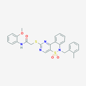 molecular formula C27H24N4O4S2 B2395201 N-(2-甲氧苯基)-2-((6-(2-甲基苄基)-5,5-二氧化-6H-苯并[c]嘧啶并[4,5-e][1,2]噻嗪-2-基)硫代)乙酰胺 CAS No. 895100-13-7