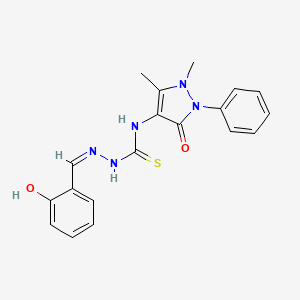 molecular formula C19H19N5O2S B2395314 (Z)-N-(1,5-dimethyl-3-oxo-2-phenyl-2,3-dihydro-1H-pyrazol-4-yl)-2-(2-hydroxybenzylidene)hydrazinecarbothioamide CAS No. 249516-30-1