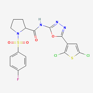 molecular formula C17H13Cl2FN4O4S2 B2395339 N-(5-(2,5-dichlorothiophen-3-yl)-1,3,4-oxadiazol-2-yl)-1-((4-fluorophenyl)sulfonyl)pyrrolidine-2-carboxamide CAS No. 1236210-21-1