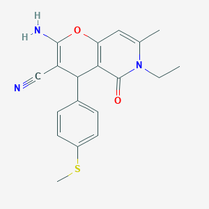 molecular formula C19H19N3O2S B2395349 2-アミノ-6-エチル-7-メチル-4-(4-(メチルチオ)フェニル)-5-オキソ-5,6-ジヒドロ-4H-ピラノ[3,2-c]ピリジン-3-カルボニトリル CAS No. 882357-23-5