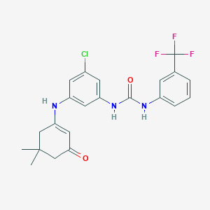 molecular formula C22H21ClF3N3O2 B2395525 ((3-((5,5-Dimethyl-3-oxocyclohex-1-enyl)amino)-5-chlorophenyl)amino)-N-(3-(trifluoromethyl)phenyl)formamide CAS No. 1022542-42-2