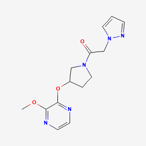 molecular formula C14H17N5O3 B2395541 1-(3-((3-methoxypyrazin-2-yl)oxy)pyrrolidin-1-yl)-2-(1H-pyrazol-1-yl)ethanone CAS No. 2034254-02-7