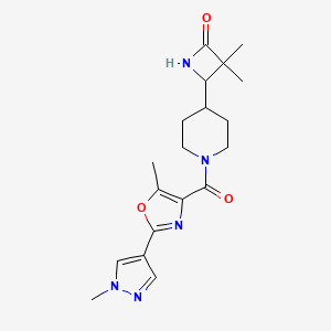 molecular formula C19H25N5O3 B2395565 3,3-Dimethyl-4-[1-[5-methyl-2-(1-methylpyrazol-4-yl)-1,3-oxazole-4-carbonyl]piperidin-4-yl]azetidin-2-one CAS No. 1956831-64-3