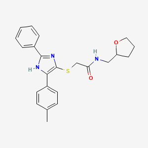 molecular formula C23H25N3O2S B2395592 2-{[5-(4-methylphenyl)-2-phenyl-1H-imidazol-4-yl]thio}-N-(tetrahydrofuran-2-ylmethyl)acetamide CAS No. 901231-79-6