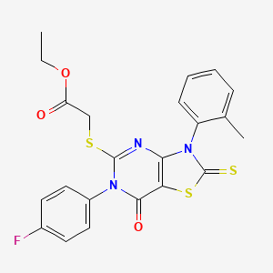 Ethyl 2-[[6-(4-fluorophenyl)-3-(2-methylphenyl)-7-oxo-2-sulfanylidene-[1,3]thiazolo[4,5-d]pyrimidin-5-yl]sulfanyl]acetate