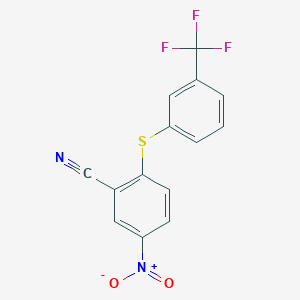 molecular formula C14H7F3N2O2S B2395672 5-Nitro-2-{[3-(trifluoromethyl)phenyl]sulfanyl}benzenecarbonitrile CAS No. 320421-45-2