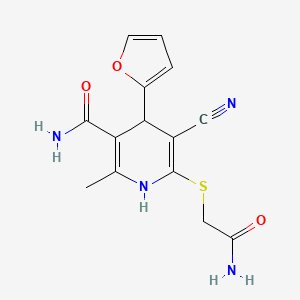 molecular formula C14H14N4O3S B2395731 6-((2-Amino-2-oxoethyl)thio)-5-cyano-4-(furan-2-yl)-2-methyl-1,4-dihydropyridine-3-carboxamide CAS No. 369394-32-1