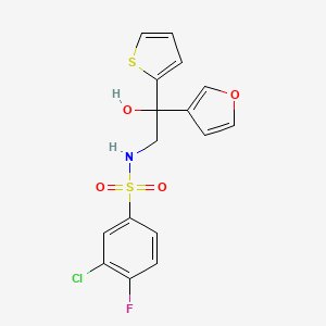 molecular formula C16H13ClFNO4S2 B2395757 3-chloro-4-fluoro-N-(2-(furan-3-yl)-2-hydroxy-2-(thiophen-2-yl)ethyl)benzenesulfonamide CAS No. 2034239-71-7