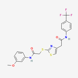 molecular formula C21H18F3N3O3S2 B2395766 N-(3-methoxyphenyl)-2-((4-(2-oxo-2-((4-(trifluoromethyl)phenyl)amino)ethyl)thiazol-2-yl)thio)acetamide CAS No. 941892-39-3