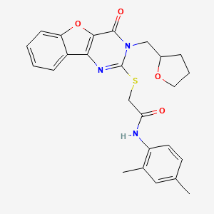 molecular formula C25H25N3O4S B2395807 N-(2,4-dimethylphenyl)-2-((4-oxo-3-((tetrahydrofuran-2-yl)methyl)-3,4-dihydrobenzofuro[3,2-d]pyrimidin-2-yl)thio)acetamide CAS No. 899754-93-9