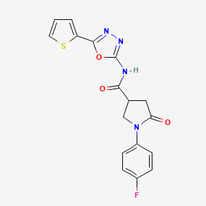 molecular formula C17H13FN4O3S B2395813 1-(4-fluorophenyl)-5-oxo-N-(5-(thiophen-2-yl)-1,3,4-oxadiazol-2-yl)pyrrolidine-3-carboxamide CAS No. 1172781-54-2