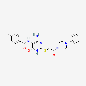 molecular formula C24H26N6O3S B2395829 N-(4-amino-6-oxo-2-((2-oxo-2-(4-phenylpiperazin-1-yl)ethyl)thio)-1,6-dihydropyrimidin-5-yl)-4-methylbenzamide CAS No. 872597-47-2