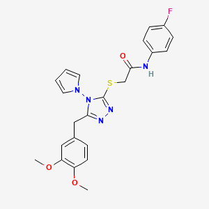 molecular formula C23H22FN5O3S B2395836 2-((5-(3,4-dimethoxybenzyl)-4-(1H-pyrrol-1-yl)-4H-1,2,4-triazol-3-yl)thio)-N-(4-fluorophenyl)acetamide CAS No. 886928-97-8