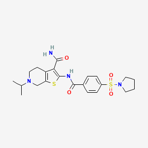 molecular formula C22H28N4O4S2 B2395838 6-Isopropyl-2-(4-(pyrrolidin-1-ylsulfonyl)benzamido)-4,5,6,7-tetrahydrothieno[2,3-c]pyridine-3-carboxamide CAS No. 449768-59-6