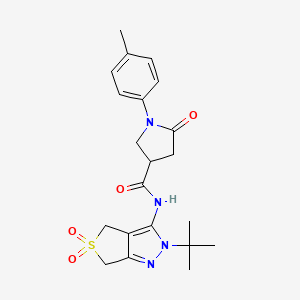 molecular formula C21H26N4O4S B2395858 N-[2-tert-butyl-5,5-bis(oxidanylidene)-4,6-dihydrothieno[3,4-c]pyrazol-3-yl]-1-(4-methylphenyl)-5-oxidanylidene-pyrrolidine-3-carboxamide CAS No. 893925-44-5