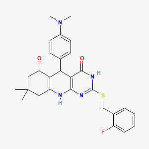 molecular formula C28H29FN4O2S B2395905 5-(4-(dimethylamino)phenyl)-2-((2-fluorobenzyl)thio)-8,8-dimethyl-7,8,9,10-tetrahydropyrimido[4,5-b]quinoline-4,6(3H,5H)-dione CAS No. 537045-08-2
