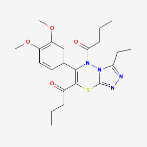 molecular formula C22H28N4O4S B2395917 1,1'-(6-(3,4-dimethoxyphenyl)-3-ethyl-5H-[1,2,4]triazolo[3,4-b][1,3,4]thiadiazine-5,7-diyl)bis(butan-1-one) CAS No. 877813-59-7