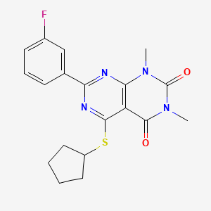 molecular formula C19H19FN4O2S B2395971 5-Cyclopentylsulfanyl-7-(3-fluorophenyl)-1,3-dimethylpyrimido[4,5-d]pyrimidine-2,4-dione CAS No. 872848-41-4