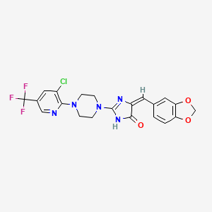 molecular formula C21H17ClF3N5O3 B2396109 5-(1,3-苯并二氧杂环-5-亚甲基)-2-{4-[3-氯-5-(三氟甲基)-2-吡啶基]哌嗪基}-3,5-二氢-4H-咪唑-4-酮 CAS No. 865659-46-7