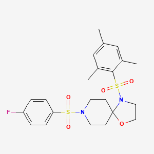 molecular formula C22H27FN2O5S2 B2396322 8-((4-Fluorophenyl)sulfonyl)-4-(mesitylsulfonyl)-1-oxa-4,8-diazaspiro[4.5]decane CAS No. 898453-01-5