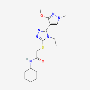 molecular formula C17H26N6O2S B2396341 N-cyclohexyl-2-((4-ethyl-5-(3-methoxy-1-methyl-1H-pyrazol-4-yl)-4H-1,2,4-triazol-3-yl)thio)acetamide CAS No. 1013774-06-5