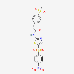 molecular formula C18H15N3O7S3 B2396352 2-(4-(methylsulfonyl)phenyl)-N-(5-((4-nitrophenyl)sulfonyl)thiazol-2-yl)acetamide CAS No. 919850-91-2