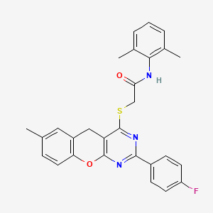 molecular formula C28H24FN3O2S B2396362 N-(2,6-dimethylphenyl)-2-((2-(4-fluorophenyl)-7-methyl-5H-chromeno[2,3-d]pyrimidin-4-yl)thio)acetamide CAS No. 866864-75-7
