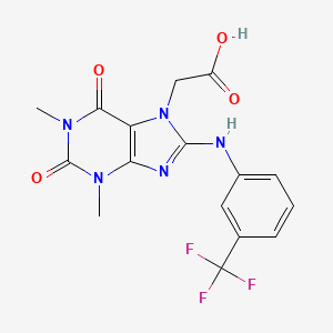 molecular formula C16H14F3N5O4 B2396596 2-(1,3-dimethyl-2,6-dioxo-8-((3-(trifluoromethyl)phenyl)amino)-2,3-dihydro-1H-purin-7(6H)-yl)acetic acid CAS No. 1021125-88-1