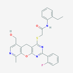 molecular formula C28H25FN4O3S B2396615 N-(2-ethylphenyl)-2-((2-(2-fluorophenyl)-6-(hydroxymethyl)-9-methyl-5H-pyrido[4',3':5,6]pyrano[2,3-d]pyrimidin-4-yl)thio)acetamide CAS No. 892386-38-8