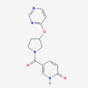 molecular formula C14H14N4O3 B2396637 5-(3-(pyrimidin-4-yloxy)pyrrolidine-1-carbonyl)pyridin-2(1H)-one CAS No. 2034296-84-7