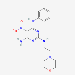 molecular formula C16H21N7O3 B2396677 {6-Amino-2-[(2-morpholin-4-ylethyl)amino]-5-nitropyrimidin-4-yl}phenylamine CAS No. 578699-75-9