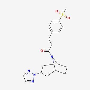 molecular formula C19H24N4O3S B2396698 1-((1R,5S)-3-(2H-1,2,3-triazol-2-yl)-8-azabicyclo[3.2.1]octan-8-yl)-3-(4-(methylsulfonyl)phenyl)propan-1-one CAS No. 2108363-02-4