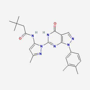 molecular formula C23H27N7O2 B2396708 N-(1-(1-(3,4-dimethylphenyl)-4-oxo-4,5-dihydro-1H-pyrazolo[3,4-d]pyrimidin-6-yl)-3-methyl-1H-pyrazol-5-yl)-3,3-dimethylbutanamide CAS No. 1170830-63-3