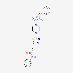 molecular formula C23H25N5O3S2 B2396719 2-((5-(4-(2-phenoxypropanoyl)piperazin-1-yl)-1,3,4-thiadiazol-2-yl)thio)-N-phenylacetamide CAS No. 1105225-72-6