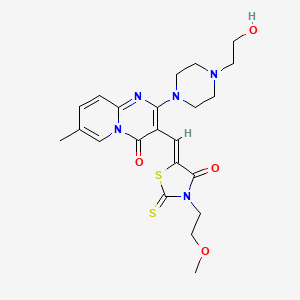 molecular formula C22H27N5O4S2 B2396720 (Z)-5-((2-(4-(2-hydroxyethyl)piperazin-1-yl)-7-methyl-4-oxo-4H-pyrido[1,2-a]pyrimidin-3-yl)methylene)-3-(2-methoxyethyl)-2-thioxothiazolidin-4-one CAS No. 488746-02-7
