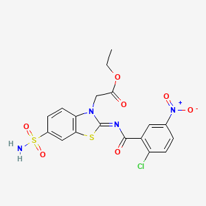 molecular formula C18H15ClN4O7S2 B2396815 (Z)-ethyl 2-(2-((2-chloro-5-nitrobenzoyl)imino)-6-sulfamoylbenzo[d]thiazol-3(2H)-yl)acetate CAS No. 887210-90-4