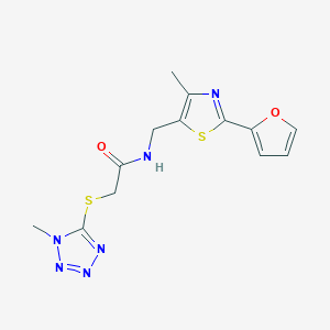 molecular formula C13H14N6O2S2 B2396868 N-((2-(呋喃-2-基)-4-甲基噻唑-5-基)甲基)-2-((1-甲基-1H-四唑-5-基)硫代)乙酰胺 CAS No. 1797061-96-1