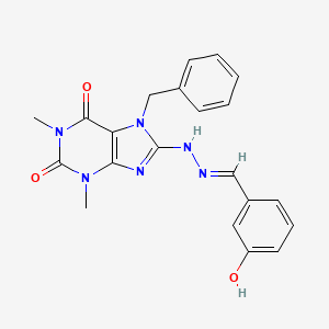 molecular formula C21H20N6O3 B2396957 (E)-7-benzyl-8-(2-(3-hydroxybenzylidene)hydrazinyl)-1,3-dimethyl-1H-purine-2,6(3H,7H)-dione CAS No. 380155-50-0