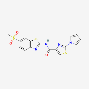molecular formula C16H12N4O3S3 B2396982 N-(6-(methylsulfonyl)benzo[d]thiazol-2-yl)-2-(1H-pyrrol-1-yl)thiazole-4-carboxamide CAS No. 1207000-31-4