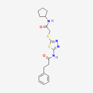 molecular formula C18H22N4O2S2 B2396990 N-[5-[2-(cyclopentylamino)-2-oxoethyl]sulfanyl-1,3,4-thiadiazol-2-yl]-3-phenylpropanamide CAS No. 604746-12-5