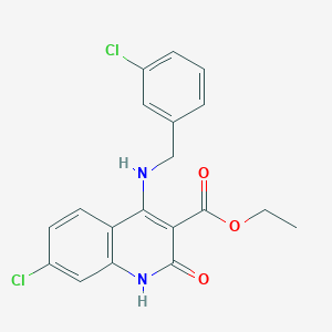 molecular formula C19H16Cl2N2O3 B2397060 Ethyl 7-chloro-4-((3-chlorobenzyl)amino)-2-oxo-1,2-dihydroquinoline-3-carboxylate CAS No. 1189722-83-5