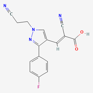 molecular formula C16H11FN4O2 B2397077 2-cyano-3-[1-(2-cyanoethyl)-3-(4-fluorophenyl)-1H-pyrazol-4-yl]prop-2-enoic acid CAS No. 926189-89-1