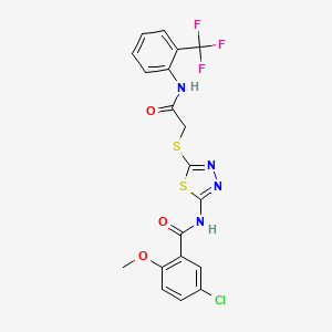 molecular formula C19H14ClF3N4O3S2 B2397079 5-chloro-2-methoxy-N-(5-((2-oxo-2-((2-(trifluoromethyl)phenyl)amino)ethyl)thio)-1,3,4-thiadiazol-2-yl)benzamide CAS No. 391869-64-0
