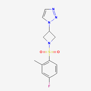 molecular formula C12H13FN4O2S B2397083 1-(1-((4-fluoro-2-methylphenyl)sulfonyl)azetidin-3-yl)-1H-1,2,3-triazole CAS No. 2034307-22-5